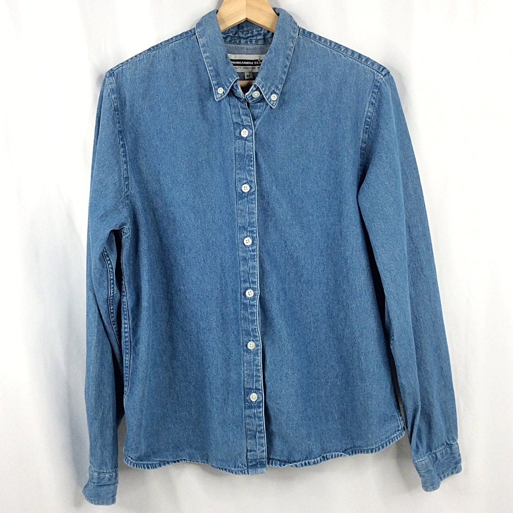 Panhandle Slim Denim Chambray Top Women's Size Medium Blue 100% Cotton Button Up